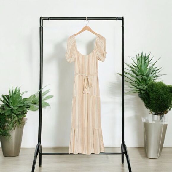 LOVESTITCH Women’s Stripe Puff Sleeves Maxi Dress in Size Large in Natural/Tan - Picture 5 of 7
